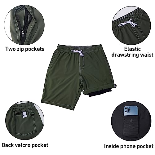 Arcweg Mens Swim Trunks with Compression Liner 9 inch 2 in 1 Shorts Big and Tall,Quick Dry, Army Green — view 5