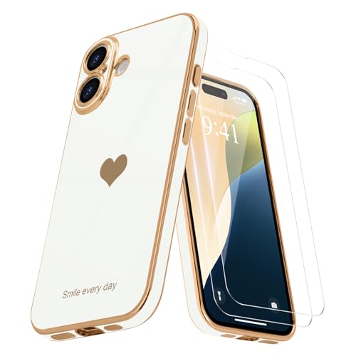 Teageo for iPhone 16 Plus Case with Screen Protector [2 Pack] Girl Women Cute Girly Love-Heart Luxury Gold Soft Cover Camera Protection Silicone Shockproof Phone Case for iPhone 16 Plus, White by Teageo - Used condition - US$9.74