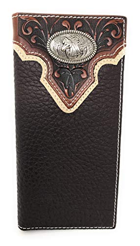 Western Tooled Genuine Leather Horse Men's Long Bifold Wallet in 2 colors (Brown)