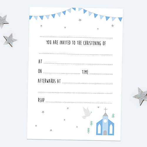 Dotty about Paper Christening Invitations - Cute Blue Church - Pack of 10 (3217)