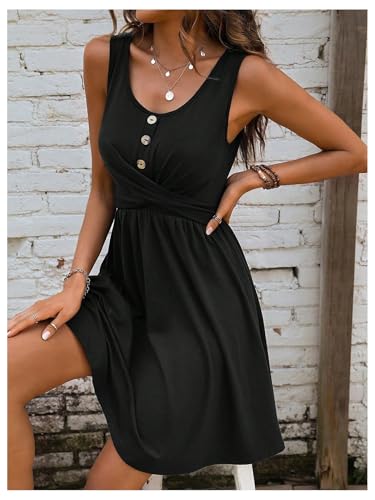 GORGLITTER Women's A Line Flared Flowy Short Tank Dresses V Neck Button Front Criss Cross Ruched Beach Dress Black Large - Image 4