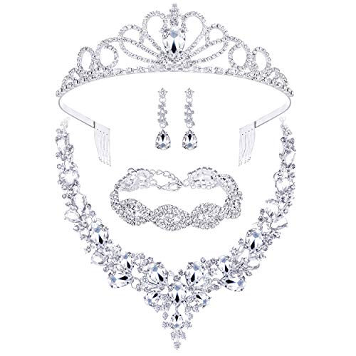 4 Pack Rhinestone Crystal Tiara Crown Necklace Link Bracelet Teardrop Dangle Earrings Jewelry Sets for Women Girls, Bridal Wedding Bridesmaid Party Birthday Prom give Gift Box.