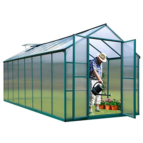 Onlyctr Aluminum Greenhouse For Outdoors 8'X16' , Polycarbonate Green Greenhouse With Adjustable Roof Vent And Rain Gutter, Outdoor Hobby Greenhouses For Backyard Plants Flowers Vegetables (8’ X 16‘) #TOP7