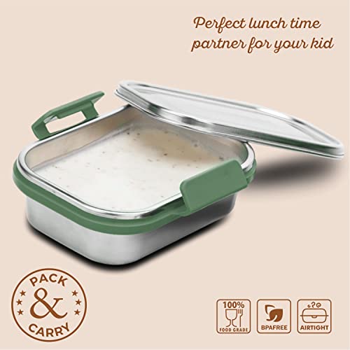 Image of SIGNORA WARE 240 ML Cute Compact Lunch Boxes For School Kids Girls Boys With Steel Lid With Clip Lock /Air Tight Spill Proof /Food Grade BPA Free Container For Childrens (Rectangle | E Green)