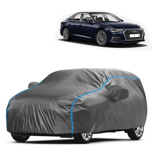 Image of Kerwa Car Body Cover Waterproof with A6, Dust & UV Resistant All-Weather Proof Full Body Cover, Grey with Blue Lining, Triple Stitched Elastic Bottom with Mirror Pocket