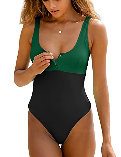 Women Sports One Piece Swimsuits high Waisted Tummy Control Bathing Suits Color Block High Cut Swimwear (Green Black)