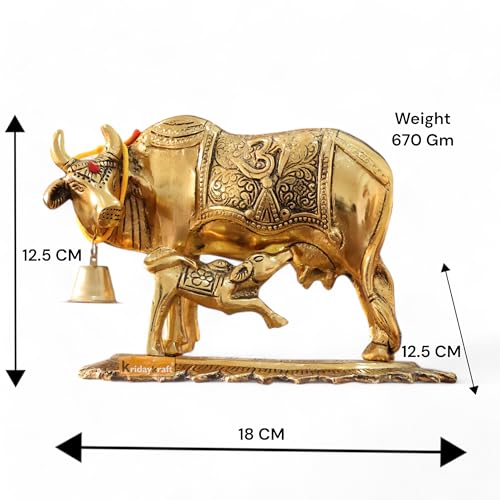 Image of KridayKraft Metal Om Kamdhenu Cow and Calf Metal Statue for Good Luck,Feng Shui As Table Top Figurine,Vastu,Religious Gau MATA Idol Home,Office&Table Decorative,Animal