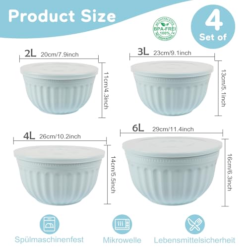 Ensemble de saladier avec couvercle,Bleus Ensemble de 4 grands saladiers empilables 2L/3L/4L/6L– Fabriqués en plastique de qualité supérieure sans BPA, compatibles lave-vaisselle et micro-ondes – vue 2