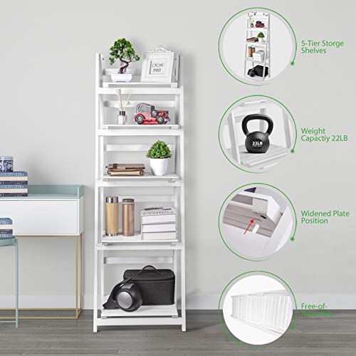 FutureCharger Ladder Shelf, 5-Tier Foldable Wood Bookshelf, Industrial Bookshelf, Ladder Bookcase Free Standing Organizer Storage Shelves Flower Plant Stand Rack for Living Room Bedroom Balcony Office - Thumbnail 5