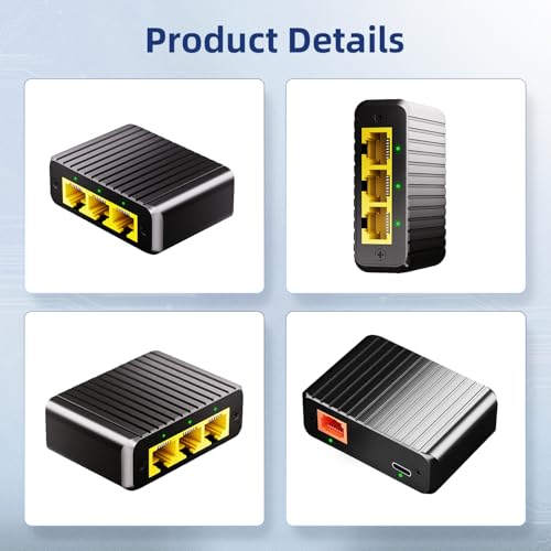 Image of Binardat 1 to 3 Gigabit Network Splitter, 4 Port Ethernet Switch, Type-C Power Supply, Mini Size Metal Housing Plug and Play