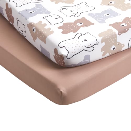 Image of TILLYOU Mini Crib Fitted Sheets - Soft Knit Sheet for Pack N Play, Microfiber Mini Crib Sheets, 38 x 24 Playpen Bedding Sheet for Baby 2 Pack, Machine Washable, Boonie Cubs