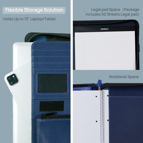 POPRUN Portfolio with Zipper, PU Leather Padfolio Document Organizer with Storage, Professional Business Folder for Meeting Presentation, Includes 50 Sheet Writing Pad, Blue by POPRUN - Image 4
