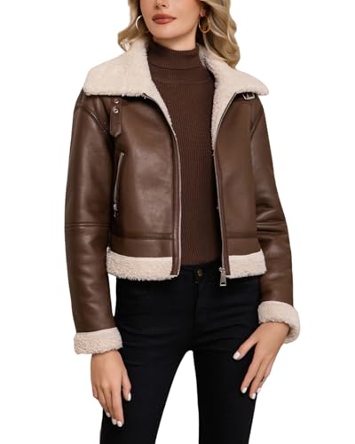 DIASHINY Women Fur Leather Jacket Faux Fur Lined Shearing Cropped Moto Biker Coat