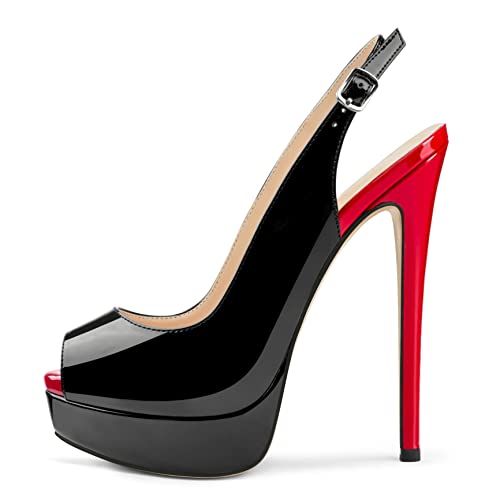 MERUMOTE Women's Slingback Shoes Peep Toe Platforms 6 inch Heels Bride Party Pumps Black Red US8