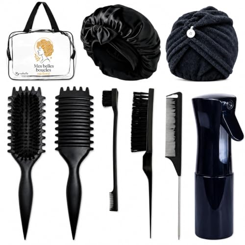 Kyrabelle Kit per capelli ricci, ricci, crespi, spazzola definizione-vaporizzatore, 200 ml, cuffia satinata, asciugamano in microfibra, set di placcatura, spazzola massaggiante, kit di definizione