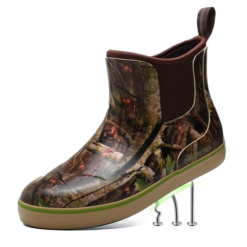 TOUGHSTEPS Mens Puncture Proof Deck Boots for Fishing Waterproof ankle Rain Boots Non-Slip Neoprene Rubber water shoes for Boating Gardening Sailing Daily Brown 11.5
