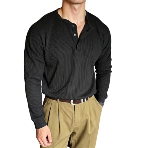 Henley Shirts for Men Ribbed Long Sleeve Button Neck Casual Tee