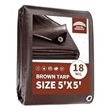 RAINDEWAY Brown Tarp 5x5 Feet,Extra Thick 18mil Tarps Heavy Duty Waterproof with Grommets and Reinforced Edges,UV Resistant,Rip&Tear Resistant,Multipurpose Poly Cover for Outdoor,Firewood,Patio