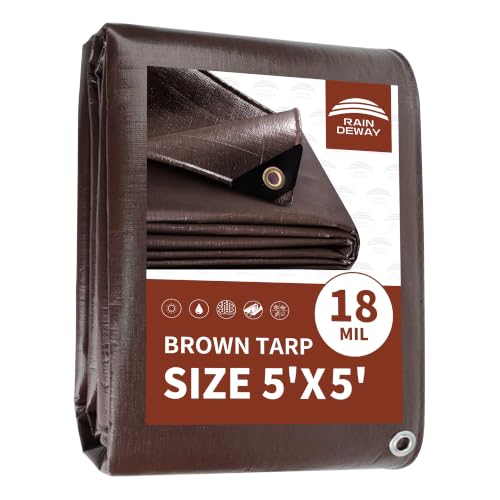RAINDEWAY Brown Tarp 5x5 Feet,Extra Thick 18mil Tarps Heavy Duty Waterproof with Grommets and Reinforced Edges,UV Resistant,Rip&Tear Resistant,Multipurpose Poly Cover for Outdoor,Firewood,Patio