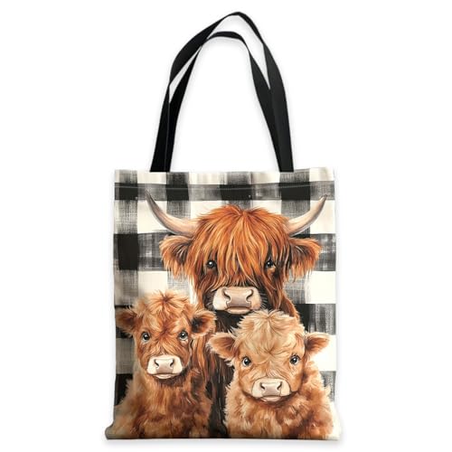 Fakcrkun Highland Cow Tote Bag, Double-Sided Printed Canvas Shoulder Bag with Checkered Pattern, Unique Highland Cow Gifts for Women Men