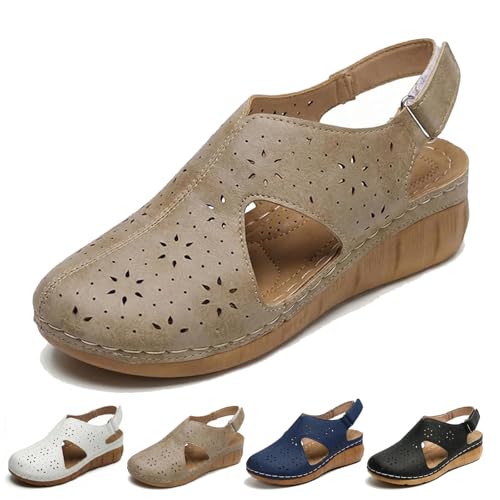 Image of Women's Closed Toe Sandals, Hollow Out Walking Sandal with Adjustable Ankle Strap, Casual Beach Shoes for Indoor Outdoor (6.5,Khaki)