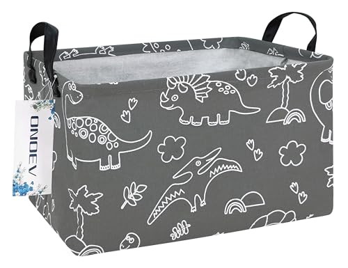 Image of Rectangular Line Dinosaur Laundry Storage Bin for Adults and Kids | Damp resistant canvas fabric, sturdy stitched carry handles, foldable design organizes closet and playroom daily supplies