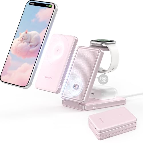RORRY ワイヤレス充電器 4in1 AuraDock【業界初 着脱式モバイルバッテリー搭載 3in1進化 最大20W急速充電】magsafe対応 4台同時充電ステーション 15W/5W マグネット 折りたたみ式 5000mAh iPhone17/16/15/14/13/12シリーズ＆Apple watch＆AirPods 置くだけ充電 Type-C 持ち運び 旅行・オフィス 防災 ピンク