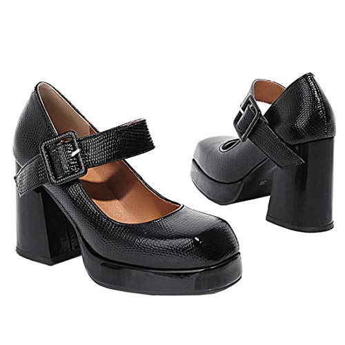 Birdsight Mary Janes Escarpins pour Femmes Vintage Bout Carré Talon Haut et Bloc avec Boucle Couleur Unie Carrière Travail Chaussures (Noir 40) Cover