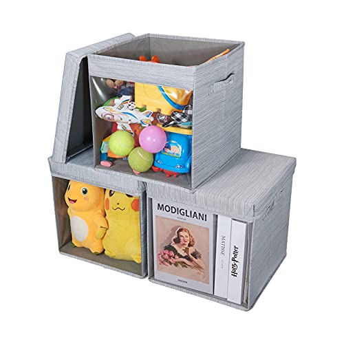 AILINA Bacs de Rangement Cubiques en Tissu avec Fenêtre Transparente, Paniers de Rangement Pliables, Organiseurs D'étagères de Placards, Boîtes de Rangement avec Poignée, 31.5x31.5x29.5 cm, Lot de 3 Cover