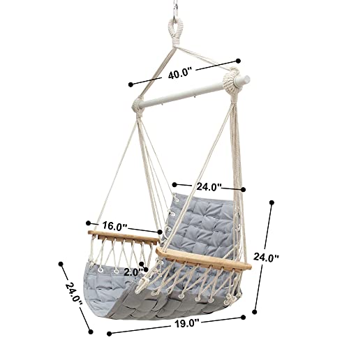 Image of [Upgraded] Hammock Chair Hanging Swing with Wooden Armrests;Steel Spreader Bar and Anti-Slip Rings;Cotton Woven Fabric;Up to 300 Lbs for Bedroom,Patio,Porch,Deck-Indoor Light Grey