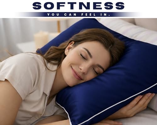 Image of BSB HOME Luxury Satin Silk Pillow Cover | 300 TC Ultra-Smooth Silky Finish | Premium Home Bedding Pillowcase | Soft, Glossy & Skin-Friendly Fabric | 18 x 28 Inches (Classic Navy)