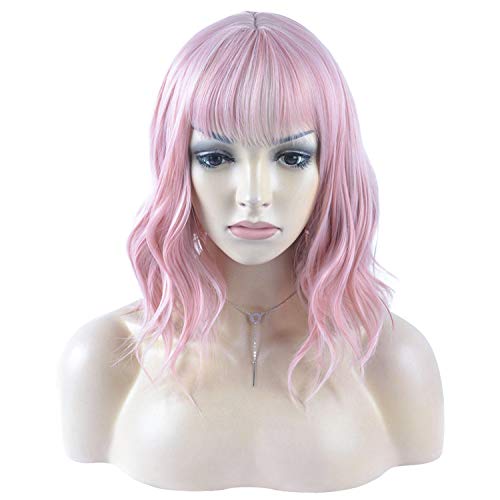 Daots 14 Inches Curly Wigs With Bangs For Women Girls Synthetic Wavy Hair Wig (Pink) #TOP1