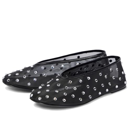 Image of Arqa Crystal-Embellished Mesh Flats Rhinestone Ballet Flat Slip On Ballerina Shoes Comfortable Casual Gauze Shoe
