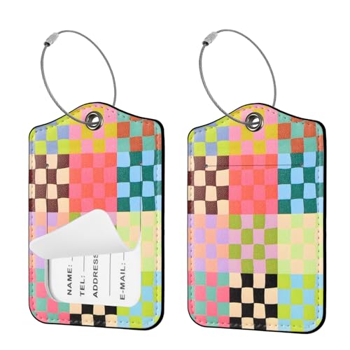 Seorsok 2Pcs Luggage Travel Tags for Suitcases,Cute Color Grids Checkered PU Leather Name Tag with...