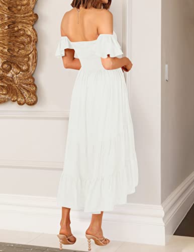 Zesica Women's 2023 Summer Boho Off Shoulder Short Sleeve Smocked Ruffle Swing High Low Mermaid Cocktail Party Dress,White,Medium #TOP2