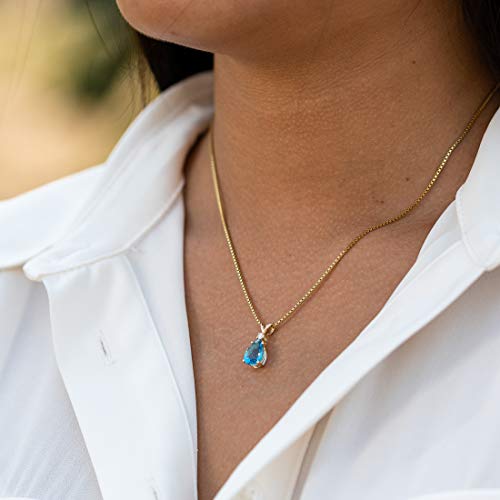 Peora Swiss Blue Topaz With Diamond Pendant For Women 14K Yellow Gold, Genuine Gemstone Birthstone Elegant Teardrop Solitaire, Pear Shape, 10X7Mm, 2.30 Carats Total #TOP1