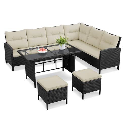 Yaheetech Ensemble Salon de Jardin en polyrotin Lot de Mobilier 4 Pièces Canapés Extérieur avec Table et Ottomans Meubles pour Balcon Terrasse Véranda Salon Noir/Beige