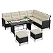 Yaheetech Polyrattan Lounge inkl. Ecksofa, Esstisch, 2 Hocker & Kissen bis 7 Personen, Wetterfest Gartenmöbel Set Rattan Sitzgruppe Gartenlounge Essgruppe für Garten Balkon Terrasse, Schwarz & Beige