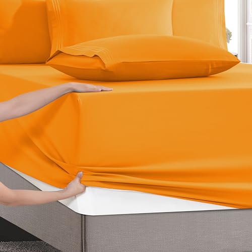 Image of Mocassi Luxury 4-Piece Sheet Set, Ultra Soft 1800 Premium Hotel Quality Microfiber Sheet Set, Fits Mattresses Up to 18 to 24 Inches Extra Deep Pocket - Breathable and Secure Fit, Twin XL, Orange