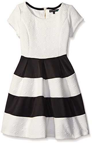 My Michelle Girls' Cap Sleeve Solid Textured Knit Skater Dress with Colorblock Skirt
