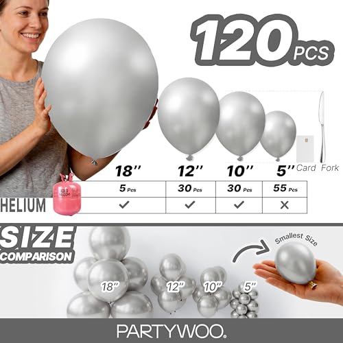 Image of PartyWoo Metallic Silver Balloons 120pcs Different Sizes of 18 12 10 5 Inch