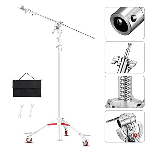 Soonpho Stainless Steel C Stand with Casters and Pro Boom Arm,Max.(14.44ft) Wheeled Heavy Duty Tripod Light Stand with Crossbar for Studio Monolight,Reflector,Softbox,Load Up to 44lb