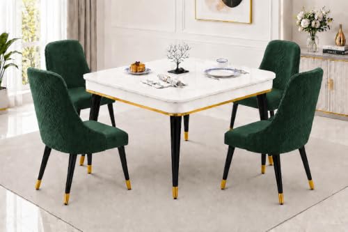 Image of WOODEN SPACE 4 Seater Wooden Dining Table Set | Urban Marble Top Dining Table with Chairs for Dining Room & Kitchen (Modern Vento Dark Green) (42 x 42 x 30 inch)