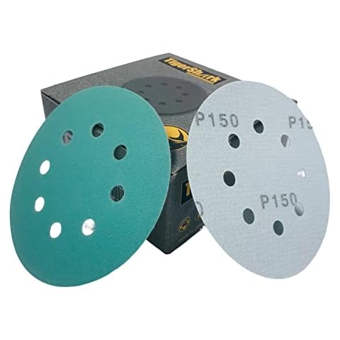 TigerShark 5 Inch Sanding Discs 8 Hole Wet Dry Grit 150 50pcs Pack Special Anti Clog Coating Film Green Line Hook and Loop Dustless Random Orbital Sander Paper Cover