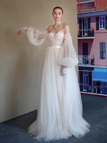 Strapless Tulle Prom Dresses Long Formal Evening Gowns with Puffy Sleeves Off Shoulder Wedding Dress2