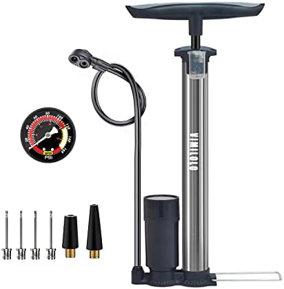 VIMILOLO Bike Floor Pump with Gauge,Ball Pump Inflator Bicycle Floor Pump with high Pressure Buffer Easiest use with Both Presta and Schrader Bicycle Pump Valves-160Psi Max(Classic Upgrade)