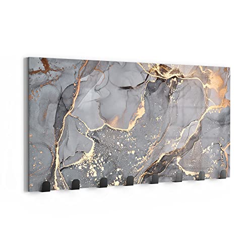 DEQORI Wandgarderobe Glas & Metall | Motiv Elegantes Marmormuster | 60x30 cm | Design Haken-Leiste modern | Garderoben-Paneel für Flur, Wohnzimmer & Schlafzimmer | magnetisch & beschreibbar