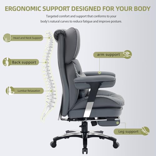 Efomao Ergonomiczny fotel biurowy z podnóżkiem, regulowany fotel gamingowy z poduszką lędźwiową i zagłówkiem, obrotowy fotel komputerowy z funkcją odchylania