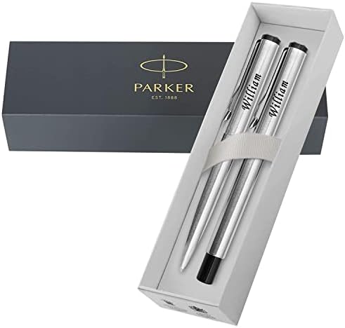 PARKER Personalised Engraved Vector Stainless Steel Chrome trim Ballpoint and Fountain Pen Set  Ideal for Men and Women, Writers, Anniversaries, Christmas, Birthdays - Presentation Box