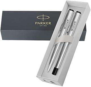 PARKER Personalised Engraved Vector Stainless Steel Chrome trim Ballpoint and Fountain Pen Set  Ideal for Men and Women, Writers, Anniversaries, Christmas, Birthdays - Presentation Box